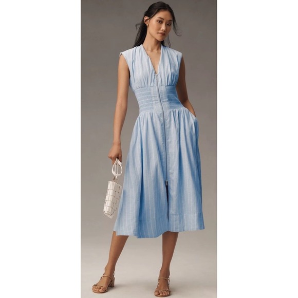 Anthropologie Dresses & Skirts - Anthropologie Tommie Cap Sleeve Smocked Front-Zip Shirt Dress Linen Blue White M